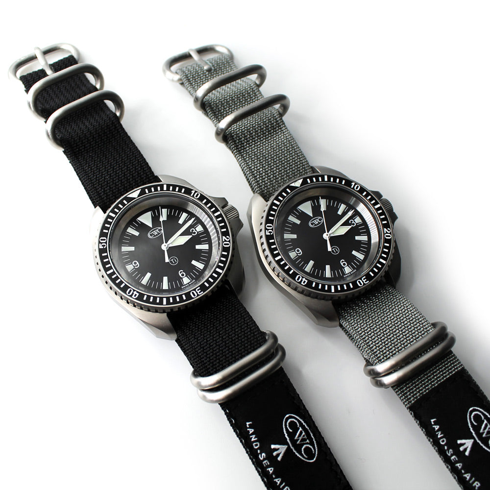 CWC LAND SEA AIR WATCH STRAP - BLACK AND GREY, ON WATCHES