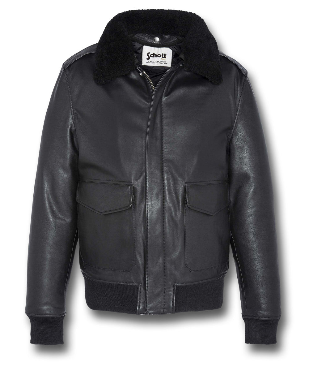 SCHOTT A2 LEATHER FLIGHT JACKET LC2412 - BLACK WITH BLACK COLLAR