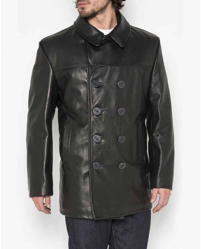 SCHOTT BLACK LEATHER PEACOAT