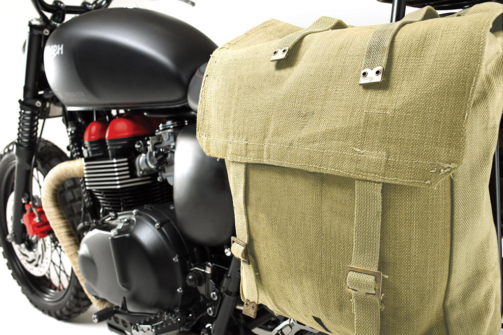 KHAKI WWII STYLE LARGE MOTORCYCLE PANNIERS - LIGHT KHAKI, ON BIKE