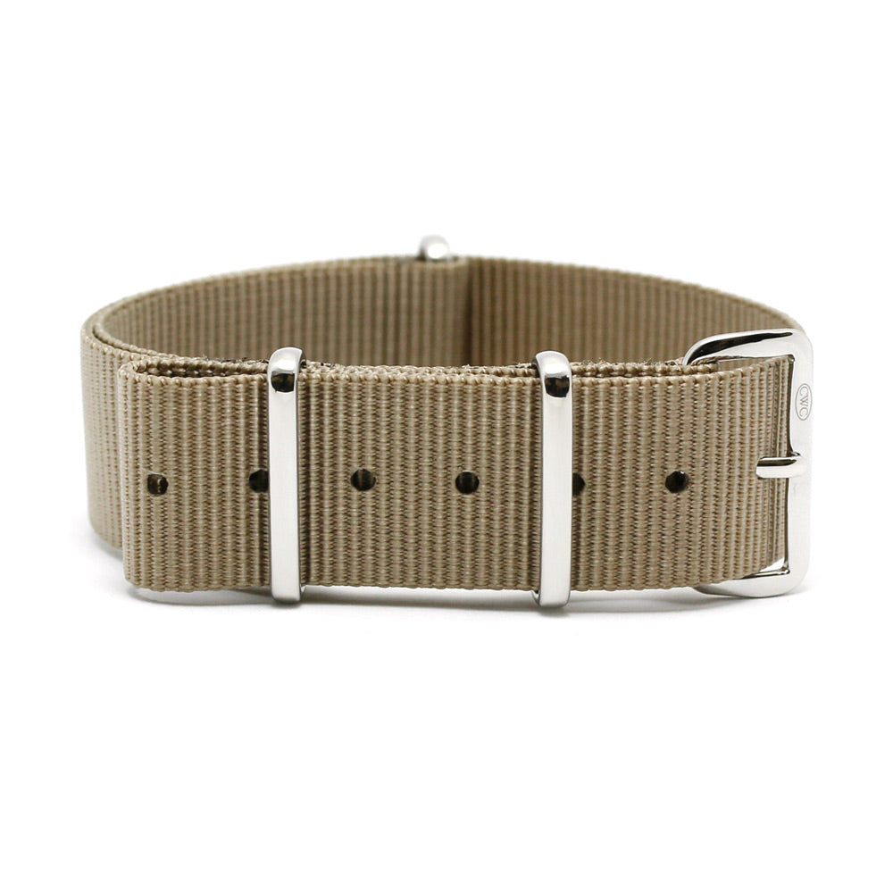 CABOT MILITARY WATCH STRAP - TAN WITH GLOSS SILVER BUCKLE