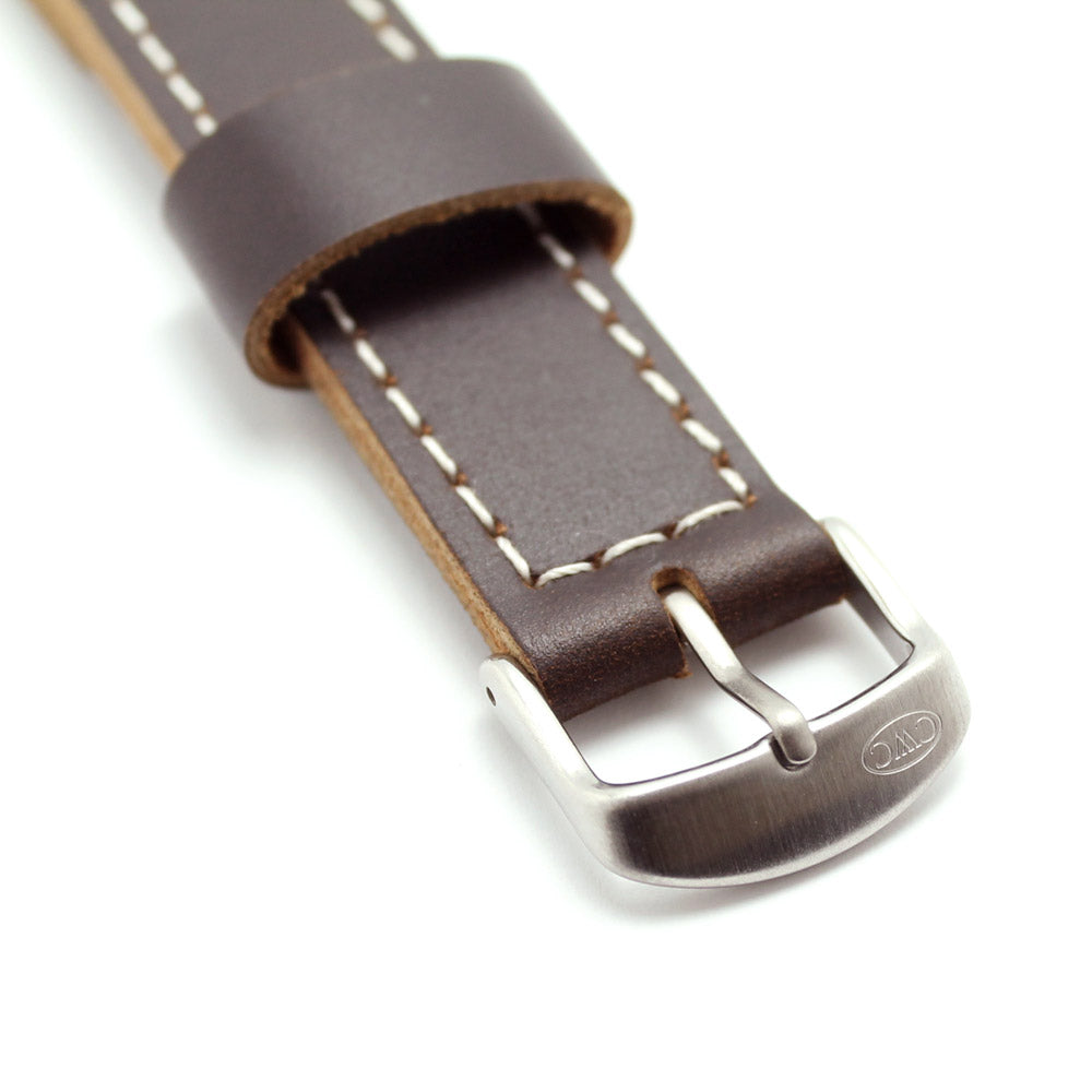 CWC PREMIUM LEATHER STRAP - 20MM - DARK BROWN WITH WHITE STITCHING AND SILVER BUCKLES