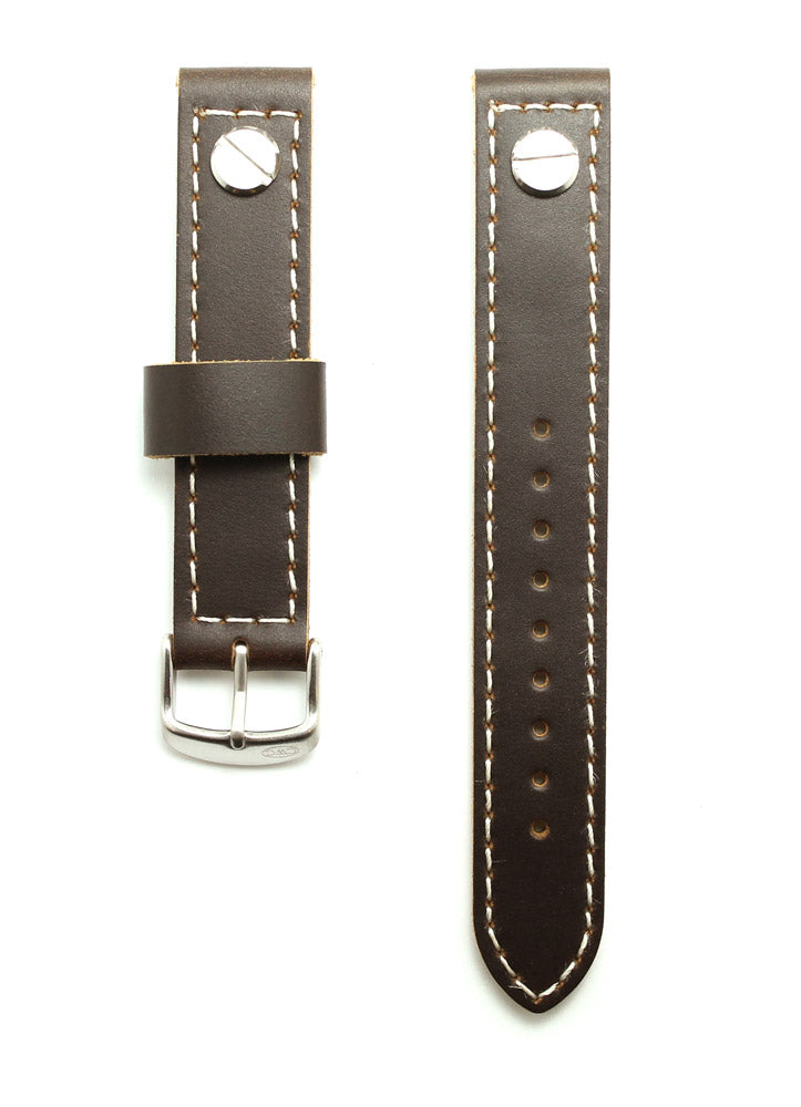 CWC PREMIUM LEATHER STRAP - 20MM - DARK BROWN WITH WHITE STITCHING AND SILVER BUCKLES