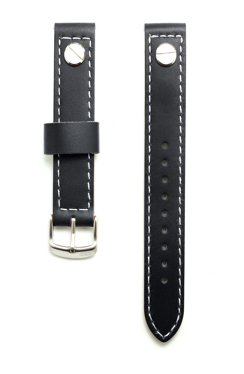 CWC PREMIUM LEATHER STRAP - 18MM - BLACK WITH WHITE STITCHING AND SILVER BUCKLES