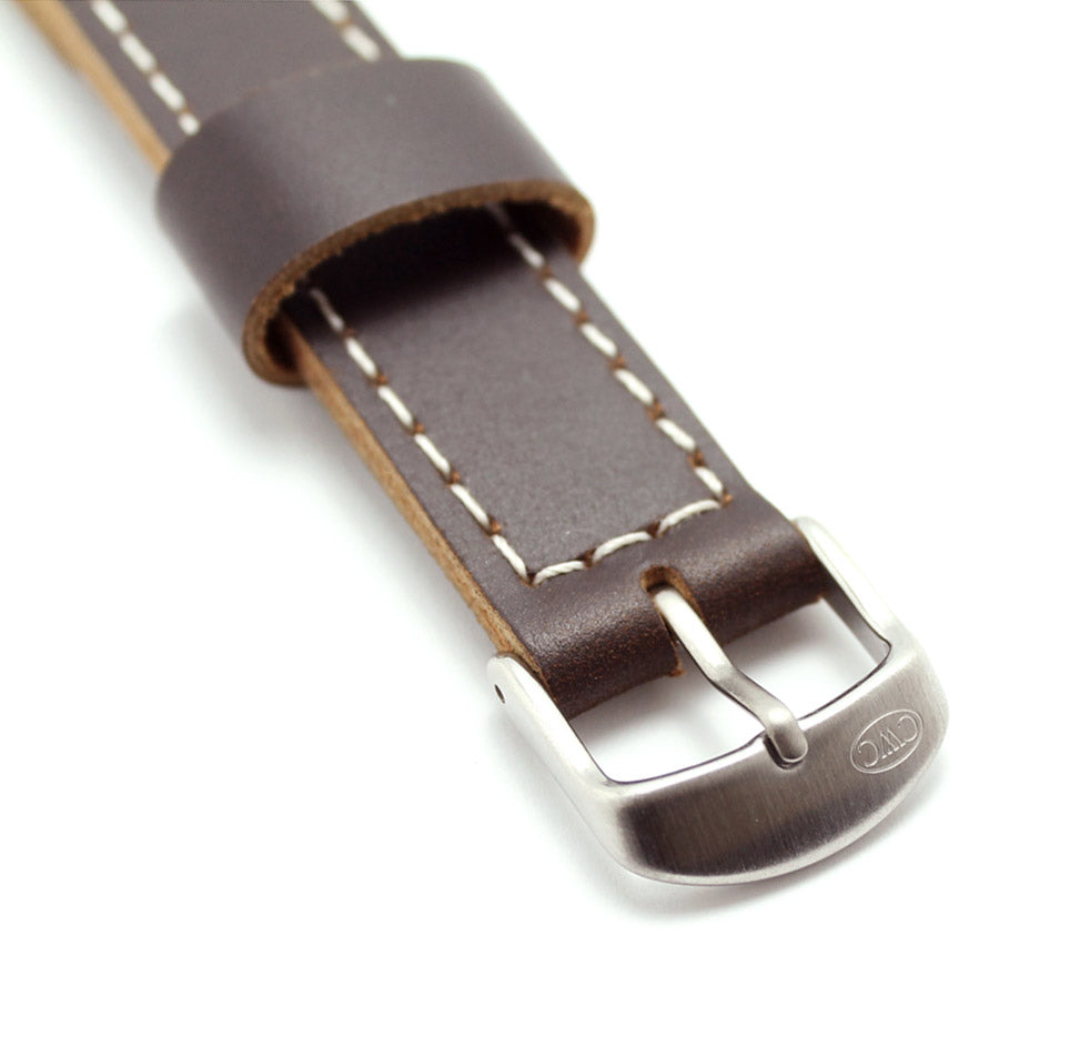 CWC PREMIUM LEATHER STRAP - 18MM - DARK BROWN WITH WHITE STITCHING AND SILVER BUCKLES