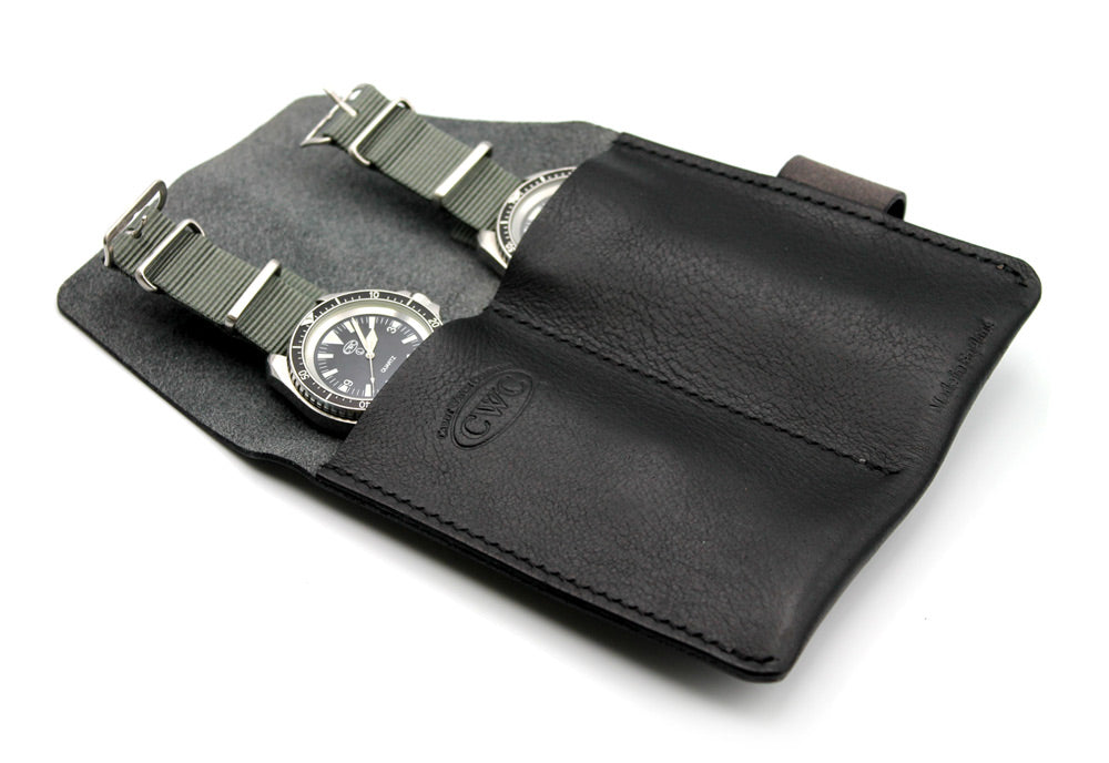 CWC 2-POCKET LEATHER WATCH ROLL - BLACK WITH TWO WATCHES INSIDE