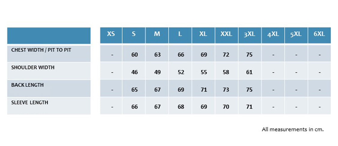 A size measurement chart for apparel showing chest width, shoulder width, back length, and sleeve length in centimeters across sizes XS through 6XL.