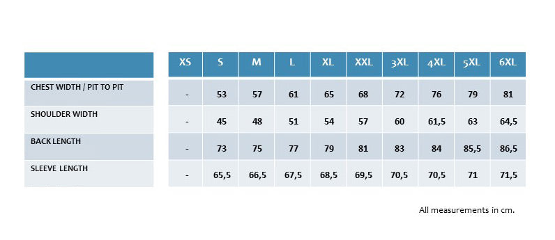 A size measurement chart for apparel showing chest width, shoulder width, back length, and sleeve length by size category XS through 6XL, with measurements in centimetres.