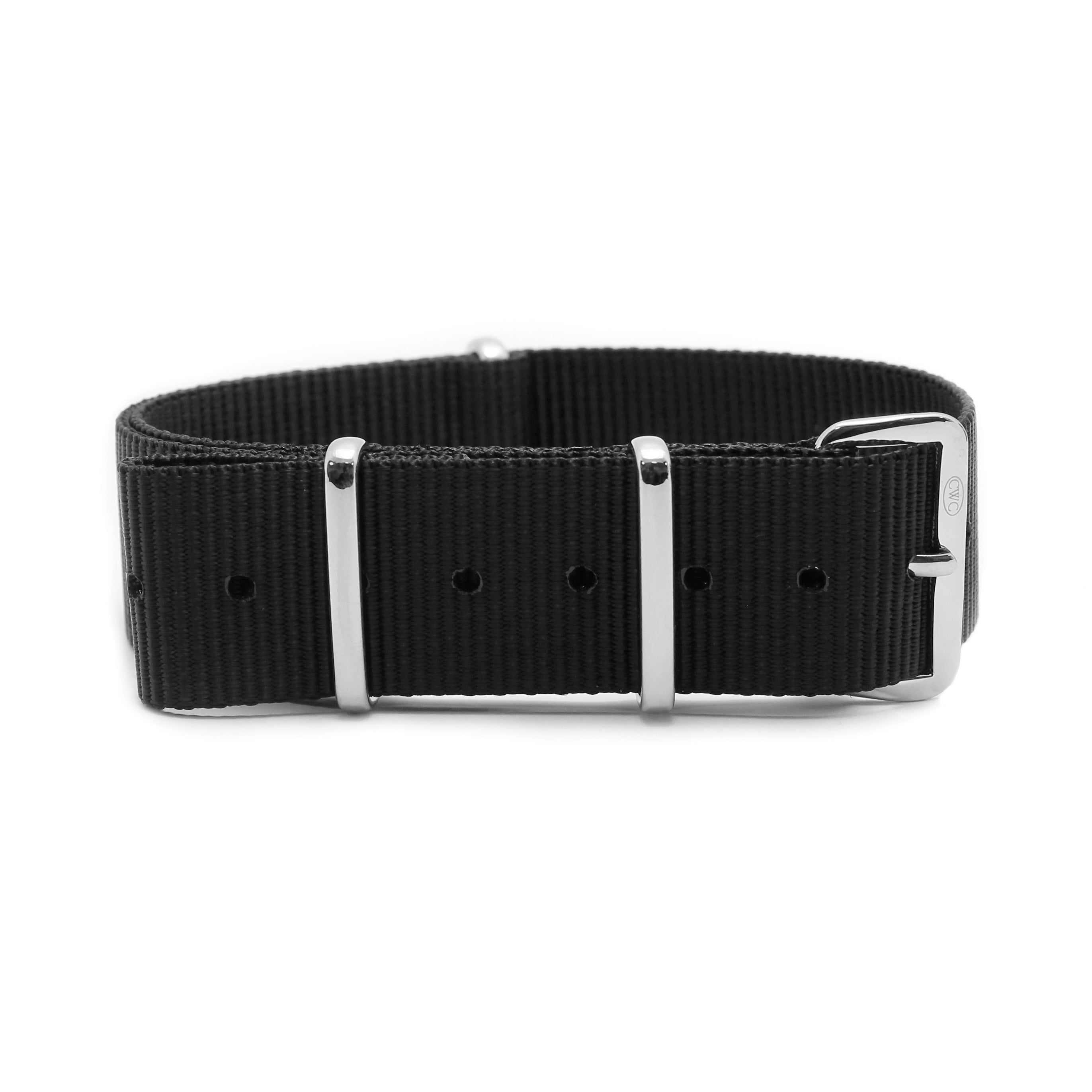 CABOT MILITARY WATCH STRAP - BLACK WITH GLOSS SILVER BUCKLE