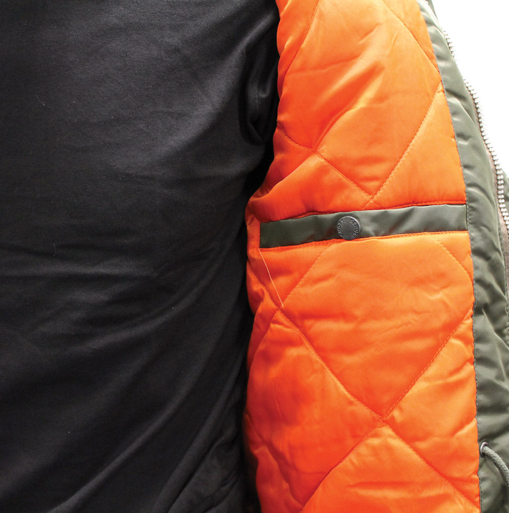 SCHOTT CROSSFIRE JACKET - KHAKI, ORANGE LINING AND POCKET