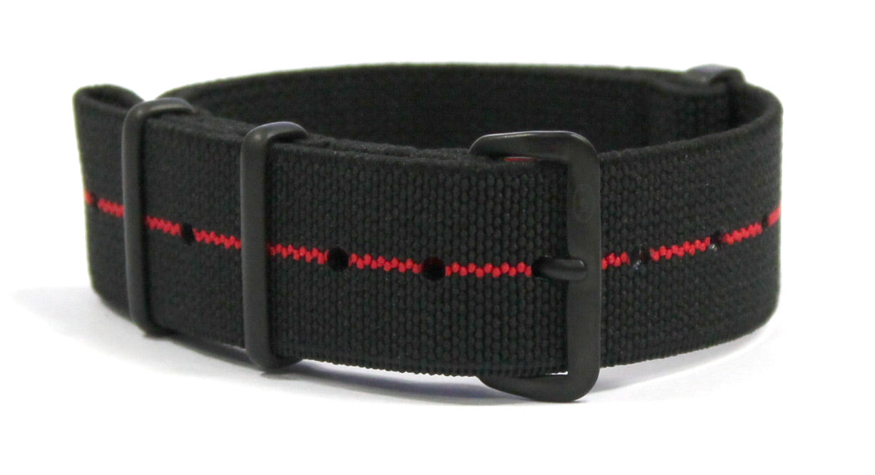 CWC NATOSTRETCH WATCH STRAP - BLACK WITH RED STRIPE ON BLACK BUCKLE