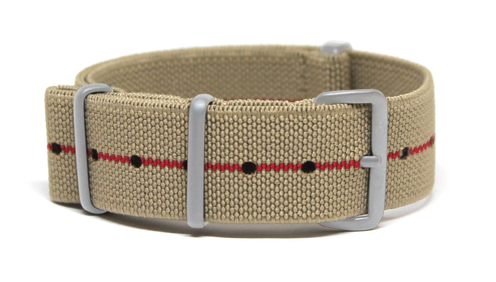 CWC STRETCH WATCH STRAP - KHAKI WITH RED STRIPE, SILVER BUCKLES