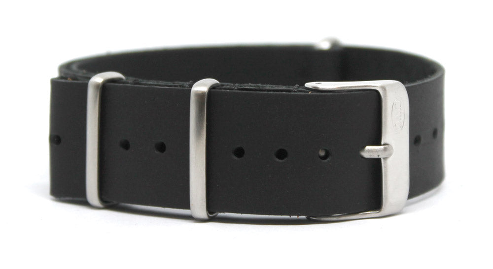 CWC WAXY LEATHER NATO STRAP - BLACK WITH SILVER
